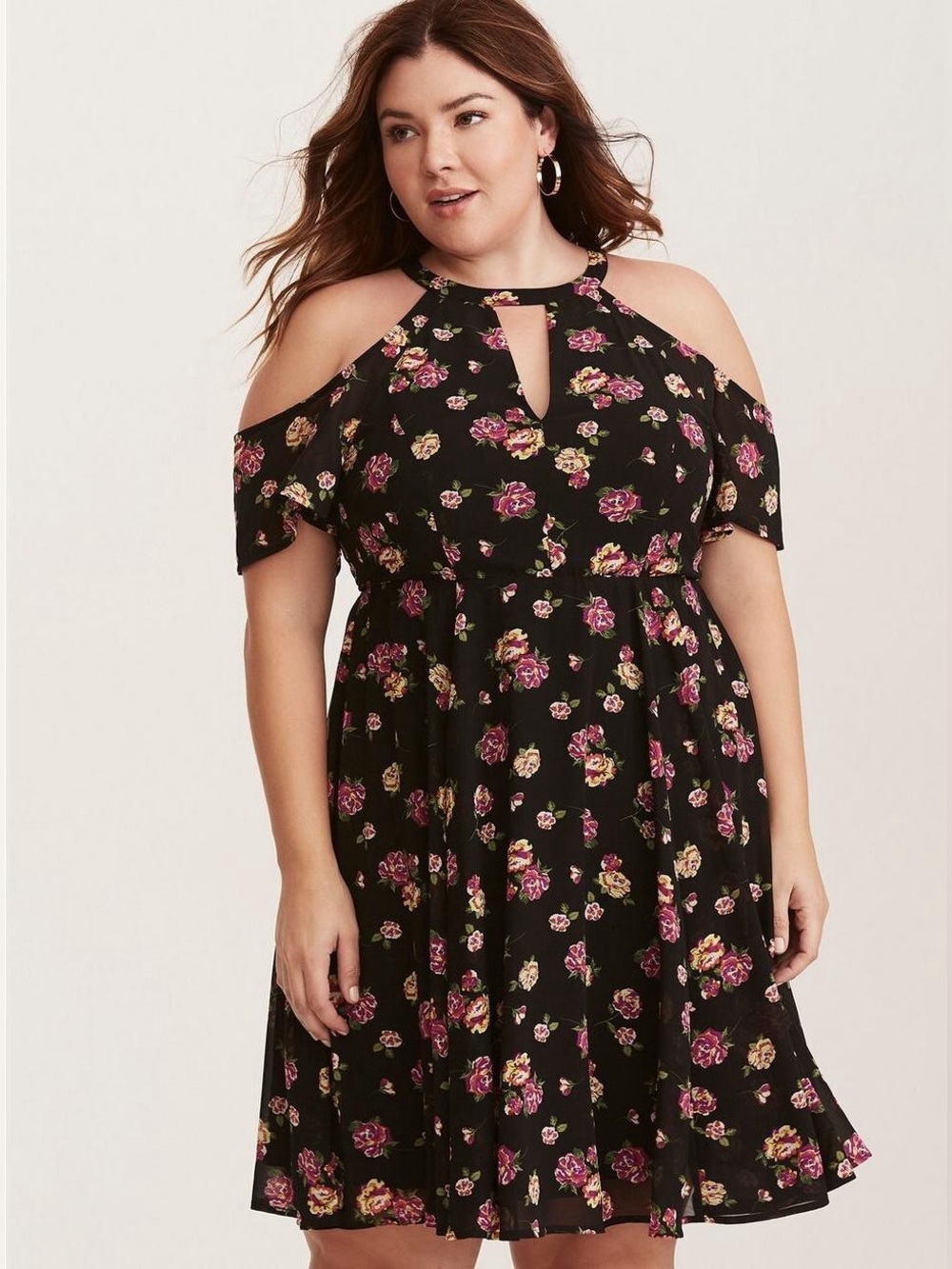 💕🖤 TORRID Black Multi-Colour Floral Chiffon Cold Shoulder V‑Neck Dress Sz 14 EUC